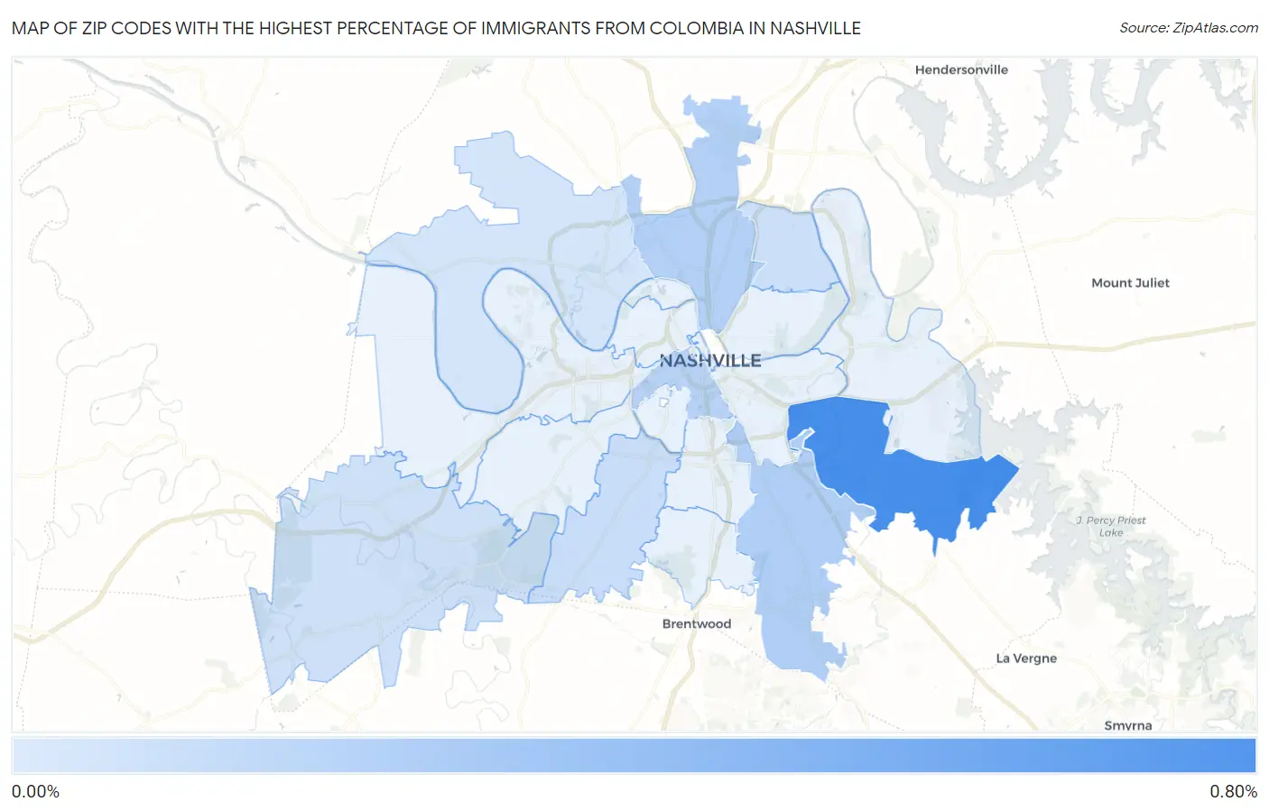 Zip Codes with the Highest Percentage of Immigrants from Colombia in Nashville Map