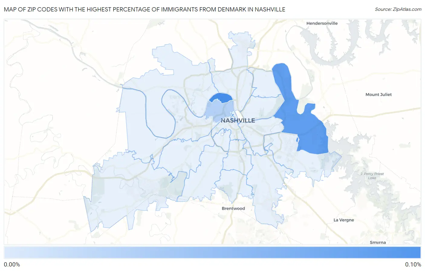 Zip Codes with the Highest Percentage of Immigrants from Denmark in Nashville Map