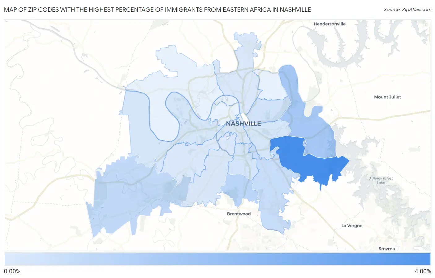 Zip Codes with the Highest Percentage of Immigrants from Eastern Africa in Nashville Map