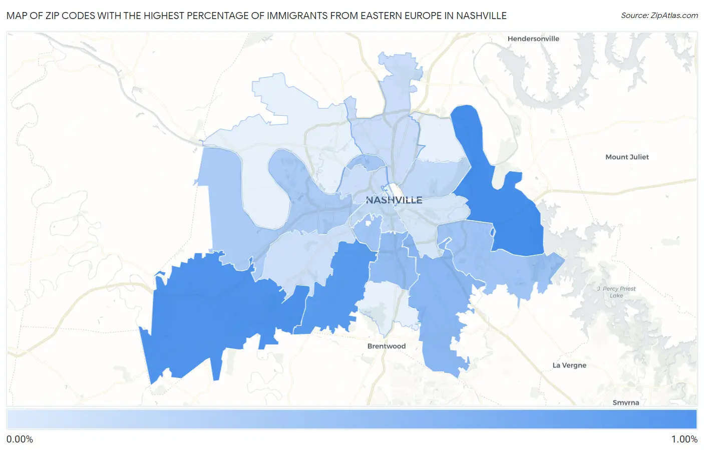 Zip Codes with the Highest Percentage of Immigrants from Eastern Europe in Nashville Map