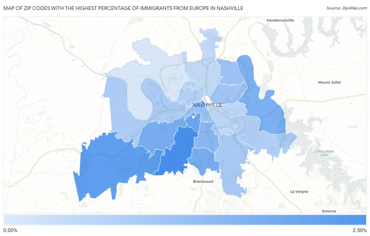 Zip Codes with the Highest Percentage of Immigrants from Europe in Nashville Map