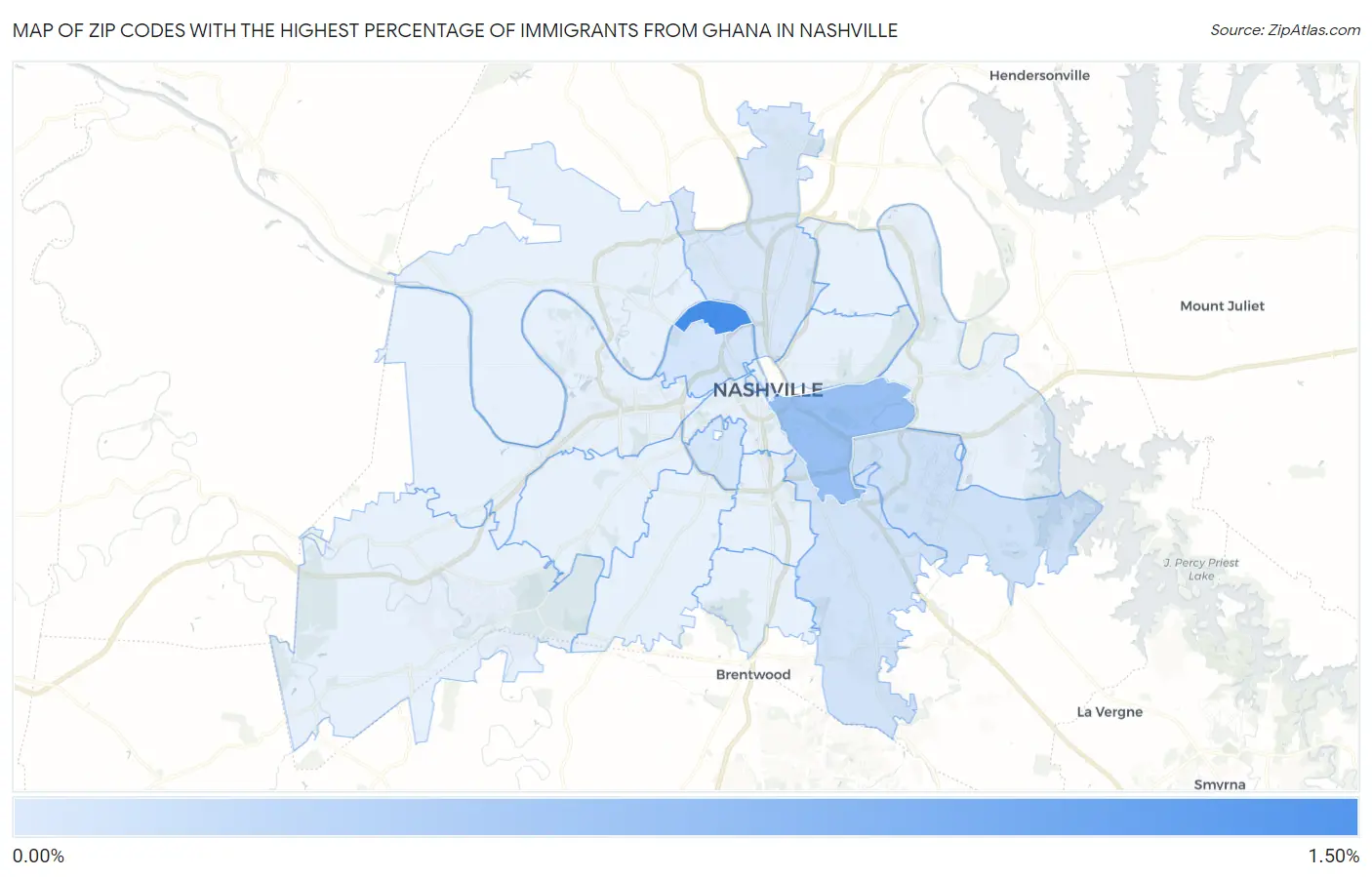 Zip Codes with the Highest Percentage of Immigrants from Ghana in Nashville Map