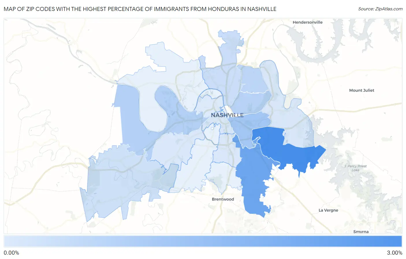 Zip Codes with the Highest Percentage of Immigrants from Honduras in Nashville Map
