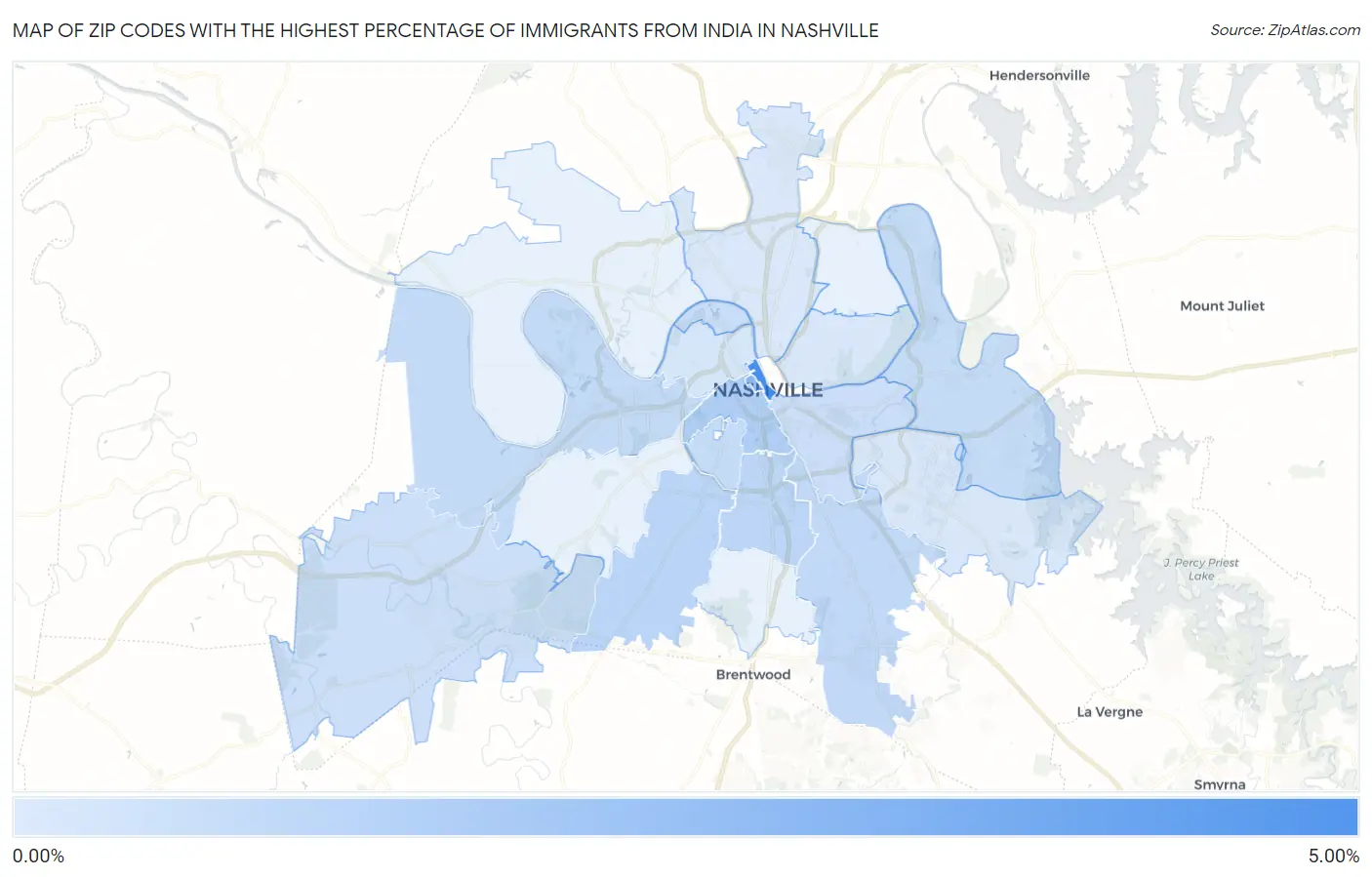 Zip Codes with the Highest Percentage of Immigrants from India in Nashville Map