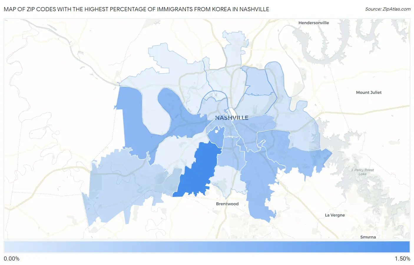 Zip Codes with the Highest Percentage of Immigrants from Korea in Nashville Map