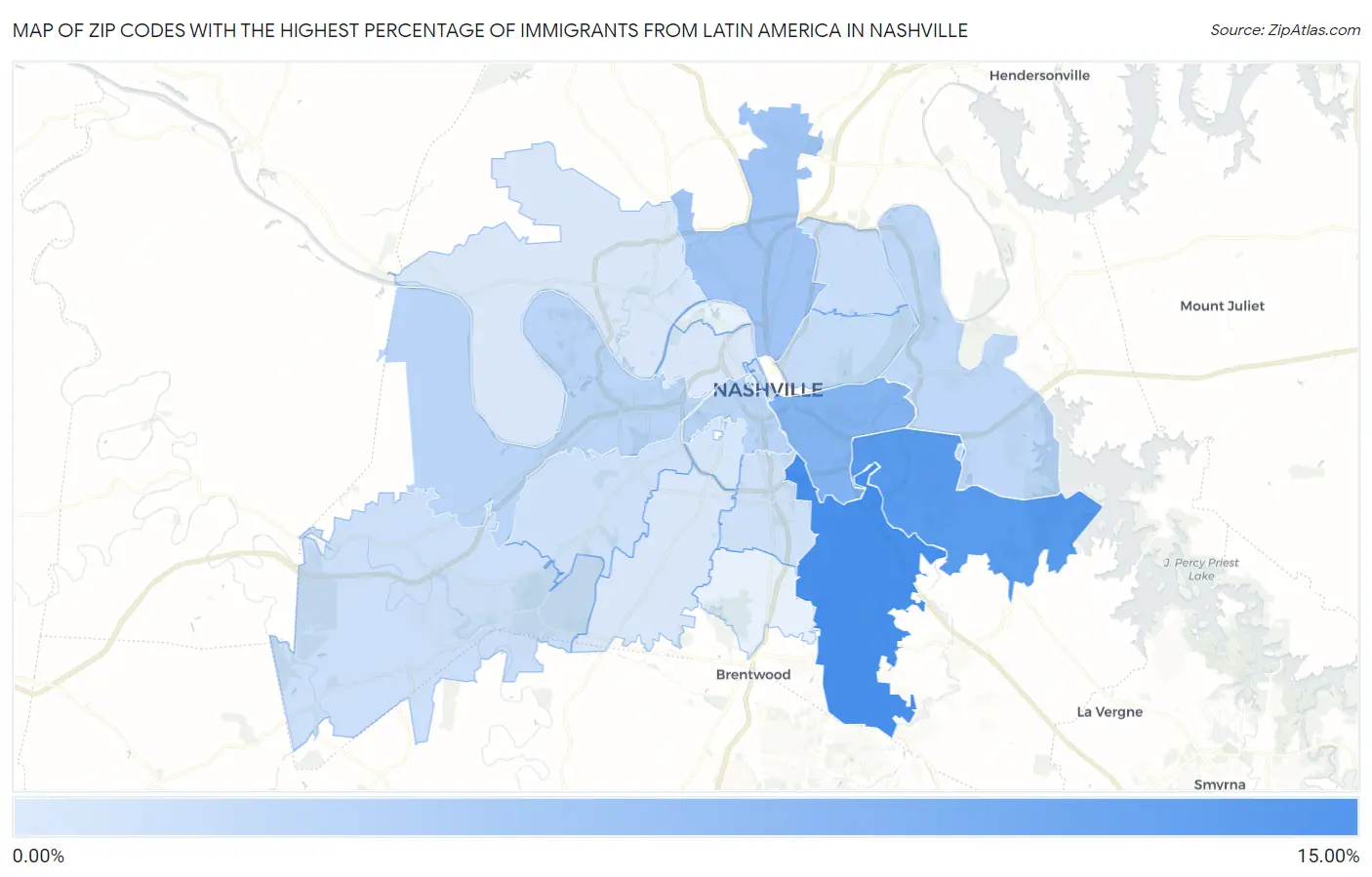 Zip Codes with the Highest Percentage of Immigrants from Latin America in Nashville Map