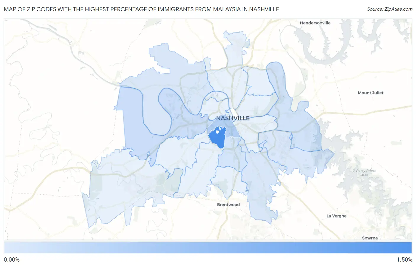 Zip Codes with the Highest Percentage of Immigrants from Malaysia in Nashville Map