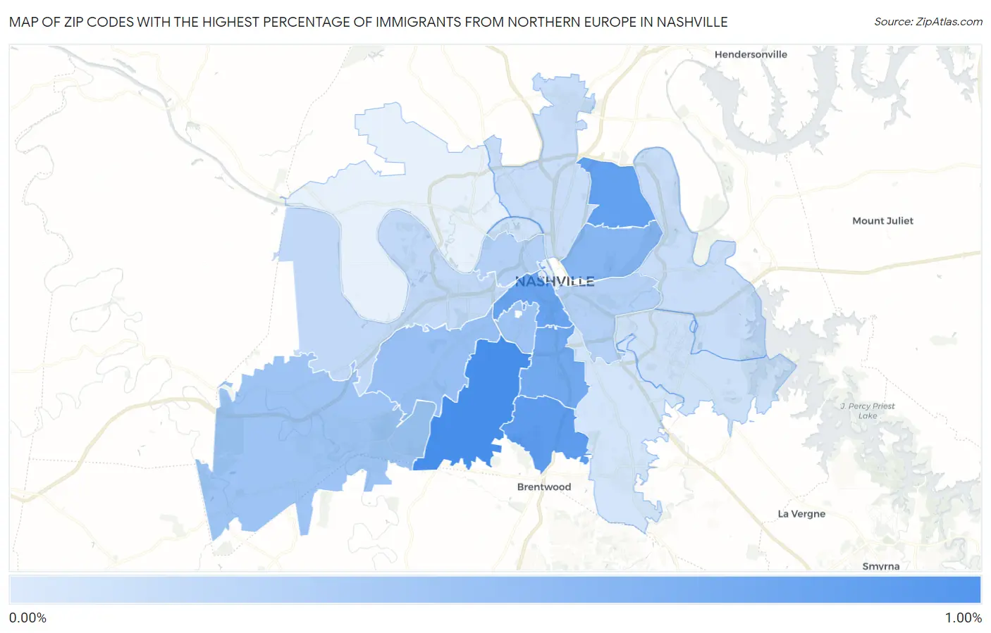 Zip Codes with the Highest Percentage of Immigrants from Northern Europe in Nashville Map