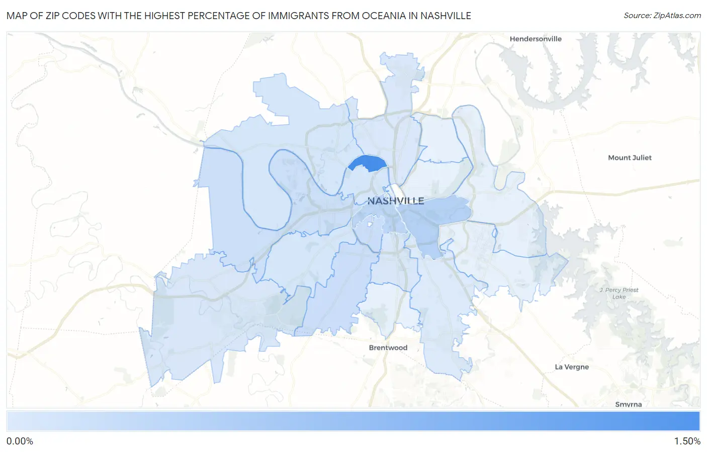 Zip Codes with the Highest Percentage of Immigrants from Oceania in Nashville Map
