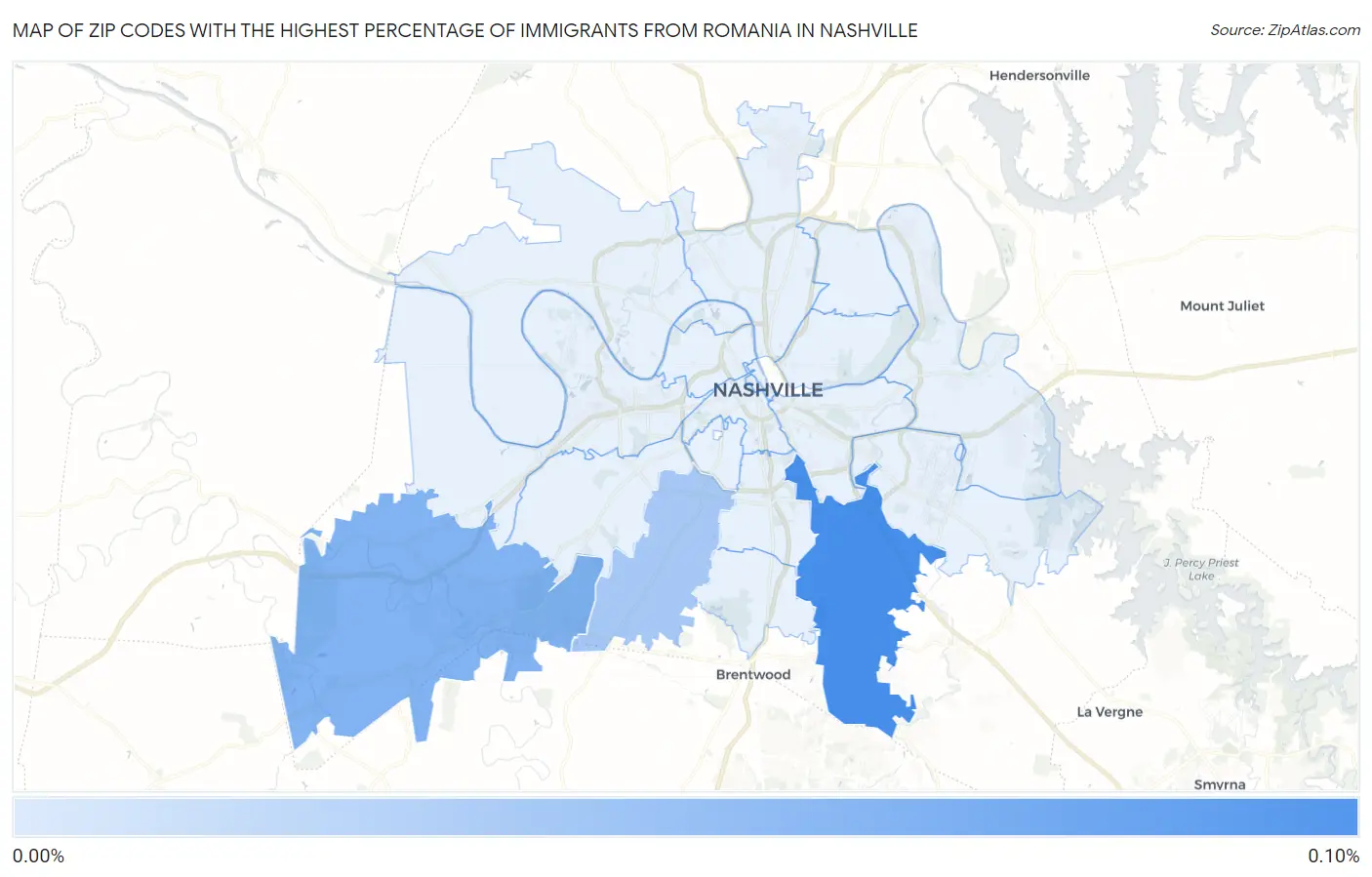Zip Codes with the Highest Percentage of Immigrants from Romania in Nashville Map