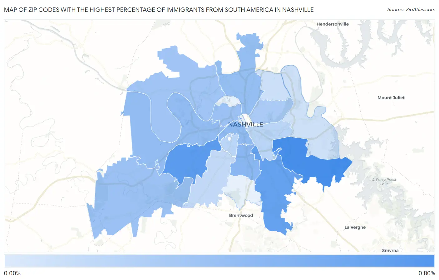 Zip Codes with the Highest Percentage of Immigrants from South America in Nashville Map