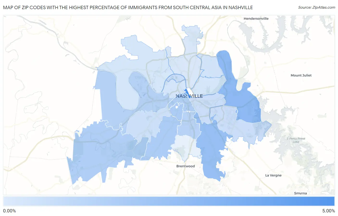 Zip Codes with the Highest Percentage of Immigrants from South Central Asia in Nashville Map