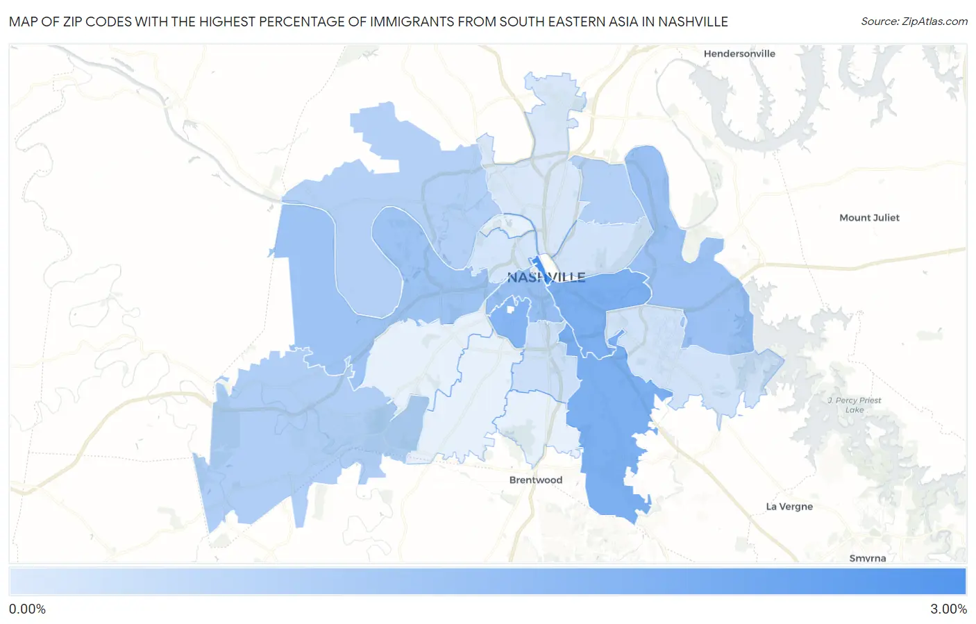 Zip Codes with the Highest Percentage of Immigrants from South Eastern Asia in Nashville Map