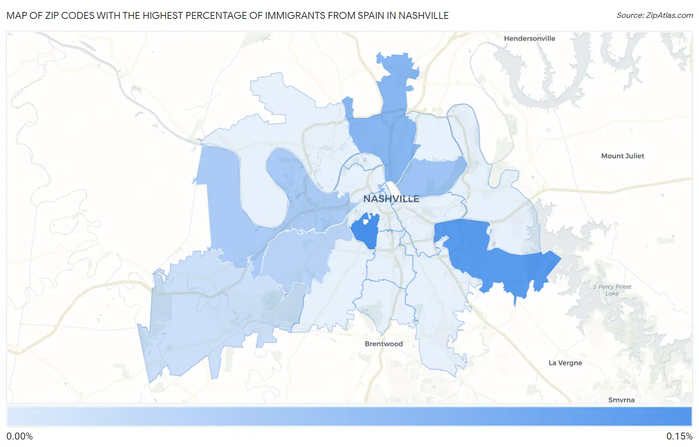 Zip Codes with the Highest Percentage of Immigrants from Spain in Nashville Map