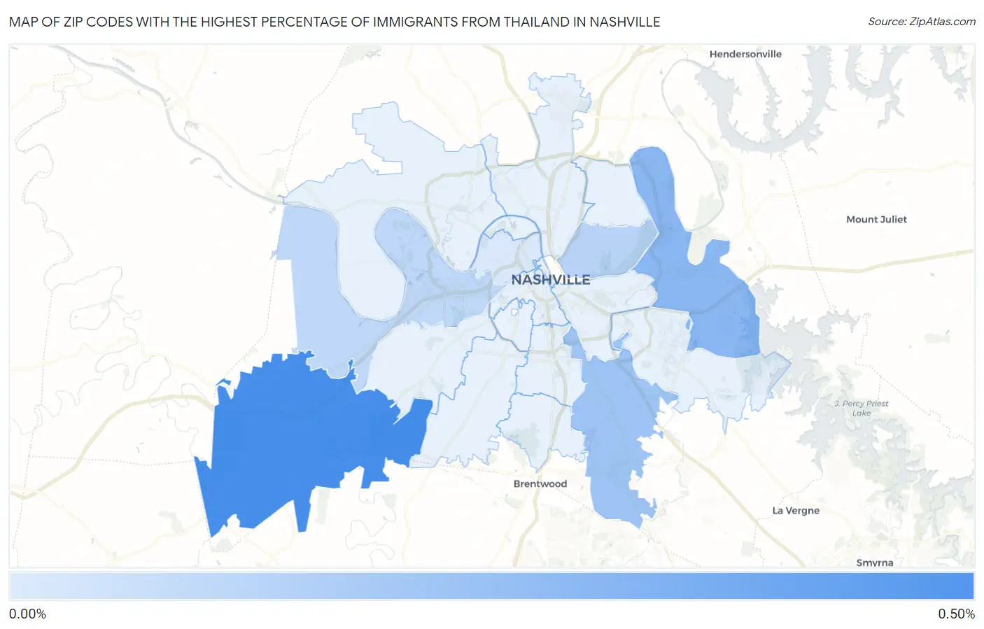 Zip Codes with the Highest Percentage of Immigrants from Thailand in Nashville Map