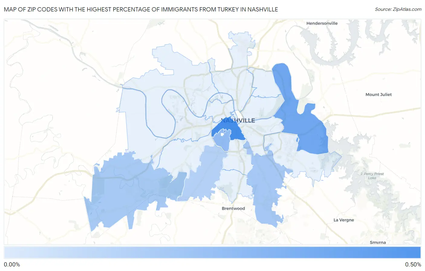Zip Codes with the Highest Percentage of Immigrants from Turkey in Nashville Map