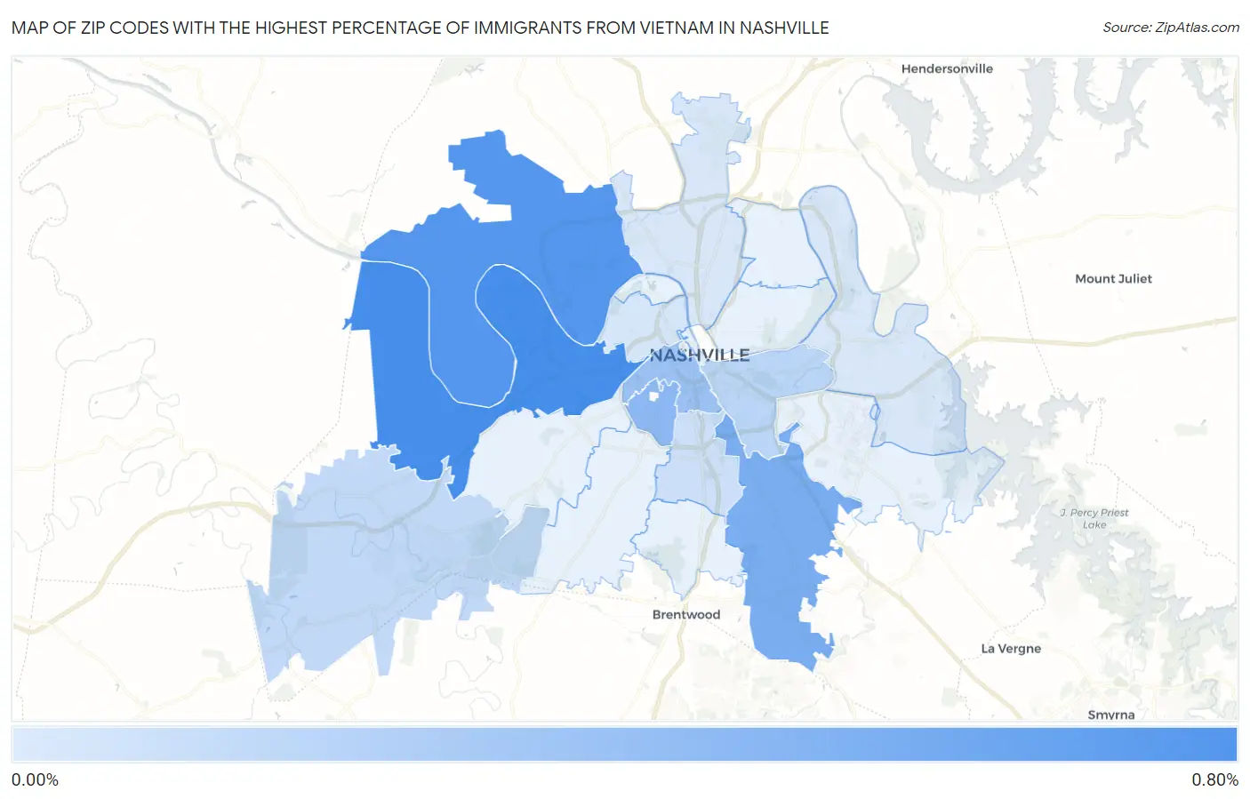Zip Codes with the Highest Percentage of Immigrants from Vietnam in Nashville Map