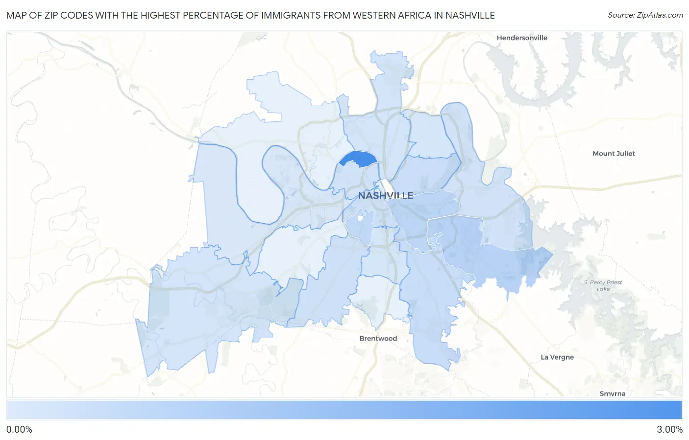 Zip Codes with the Highest Percentage of Immigrants from Western Africa in Nashville Map