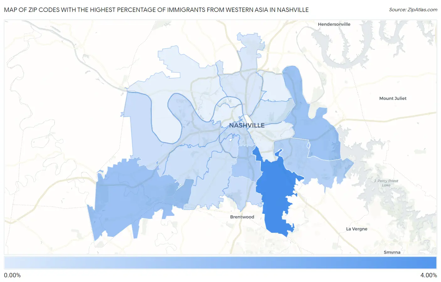 Zip Codes with the Highest Percentage of Immigrants from Western Asia in Nashville Map