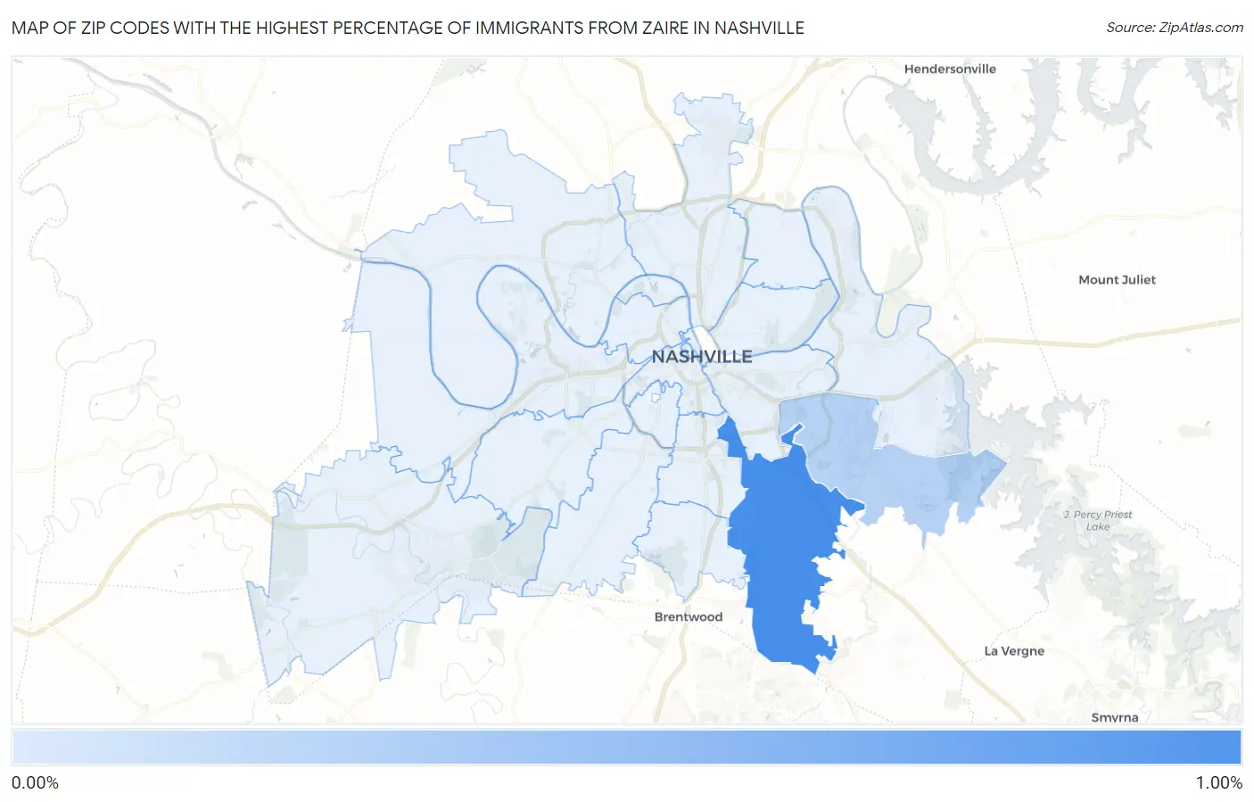 Zip Codes with the Highest Percentage of Immigrants from Zaire in Nashville Map