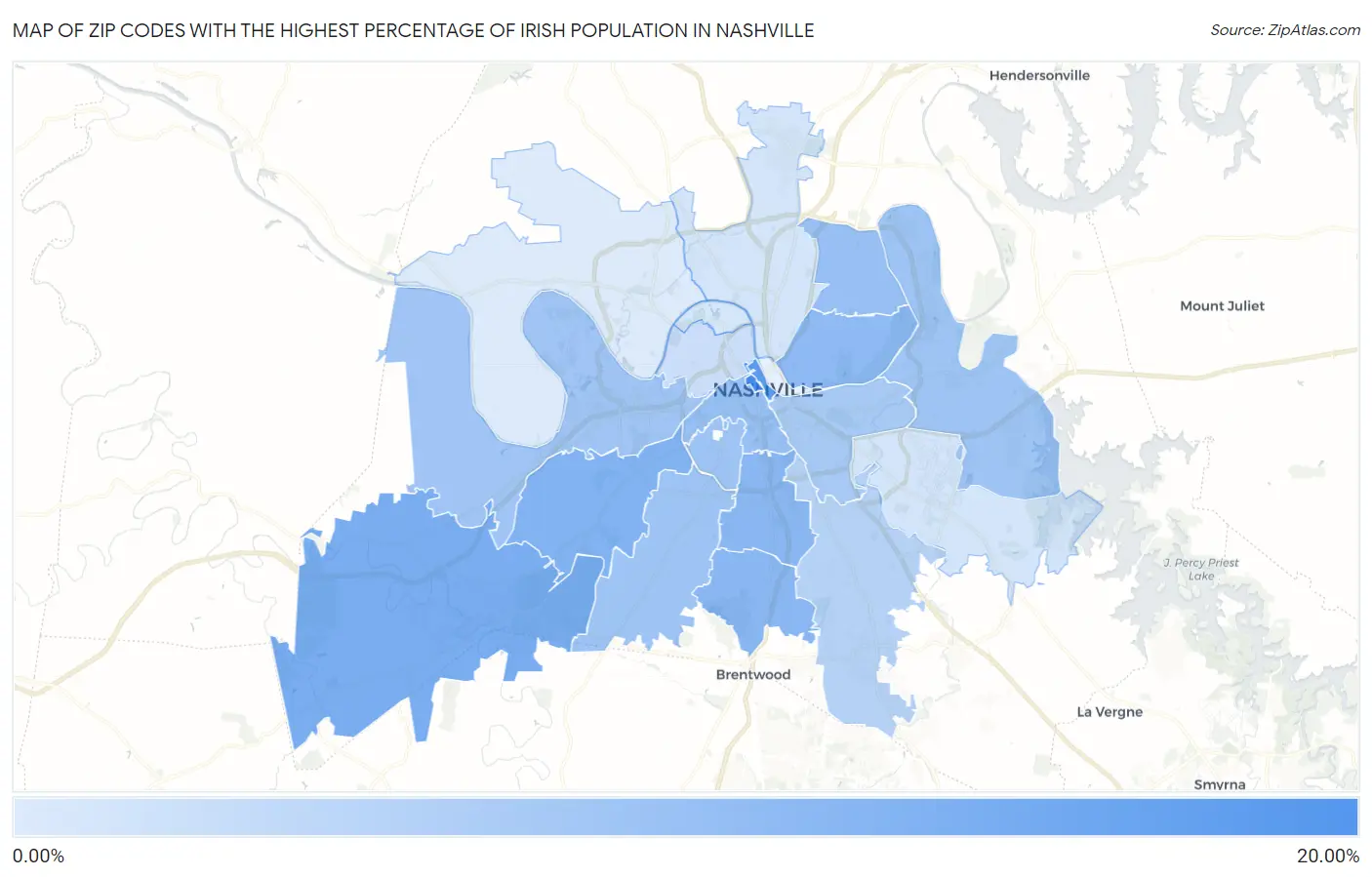 Zip Codes with the Highest Percentage of Irish Population in Nashville Map