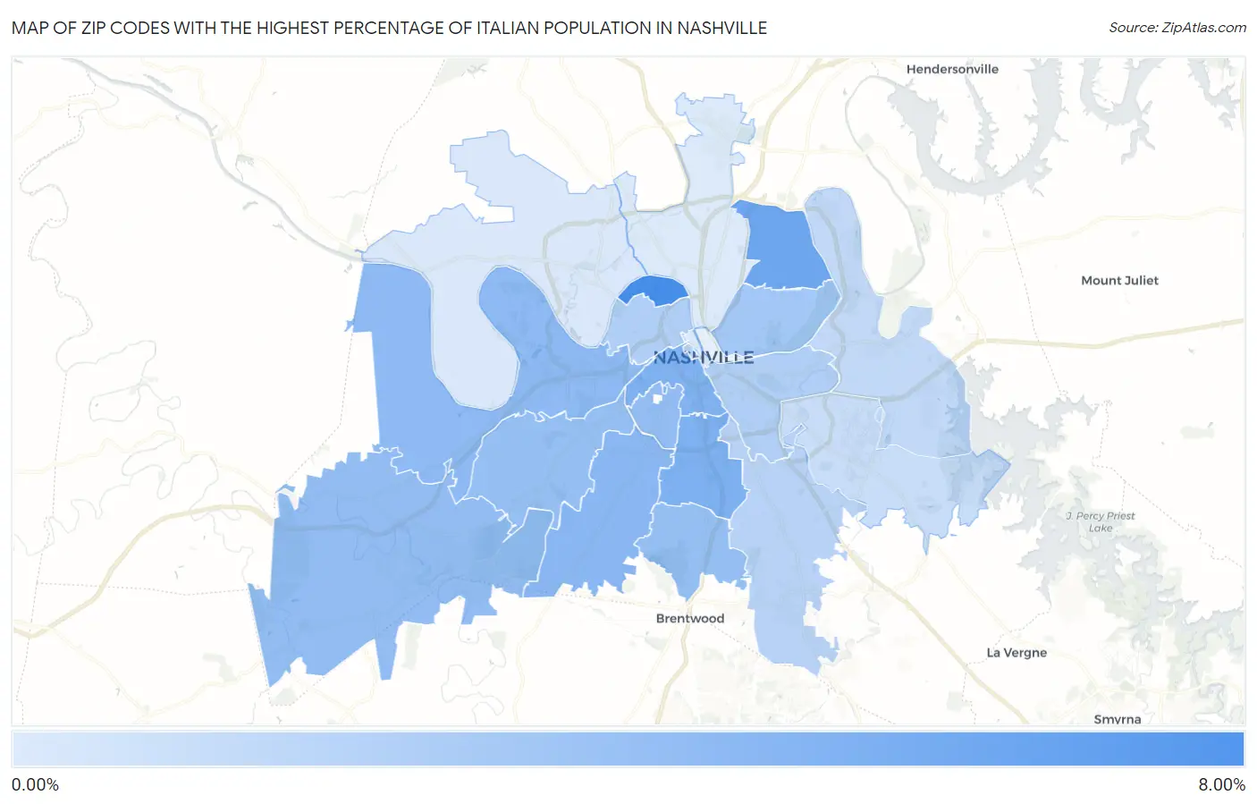 Zip Codes with the Highest Percentage of Italian Population in Nashville Map
