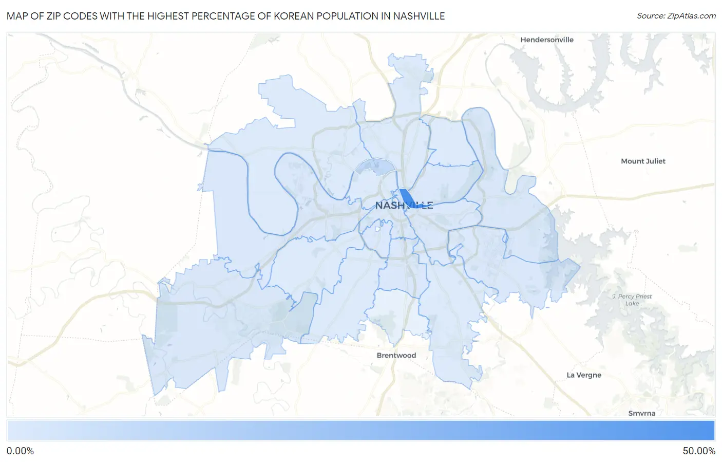 Zip Codes with the Highest Percentage of Korean Population in Nashville Map