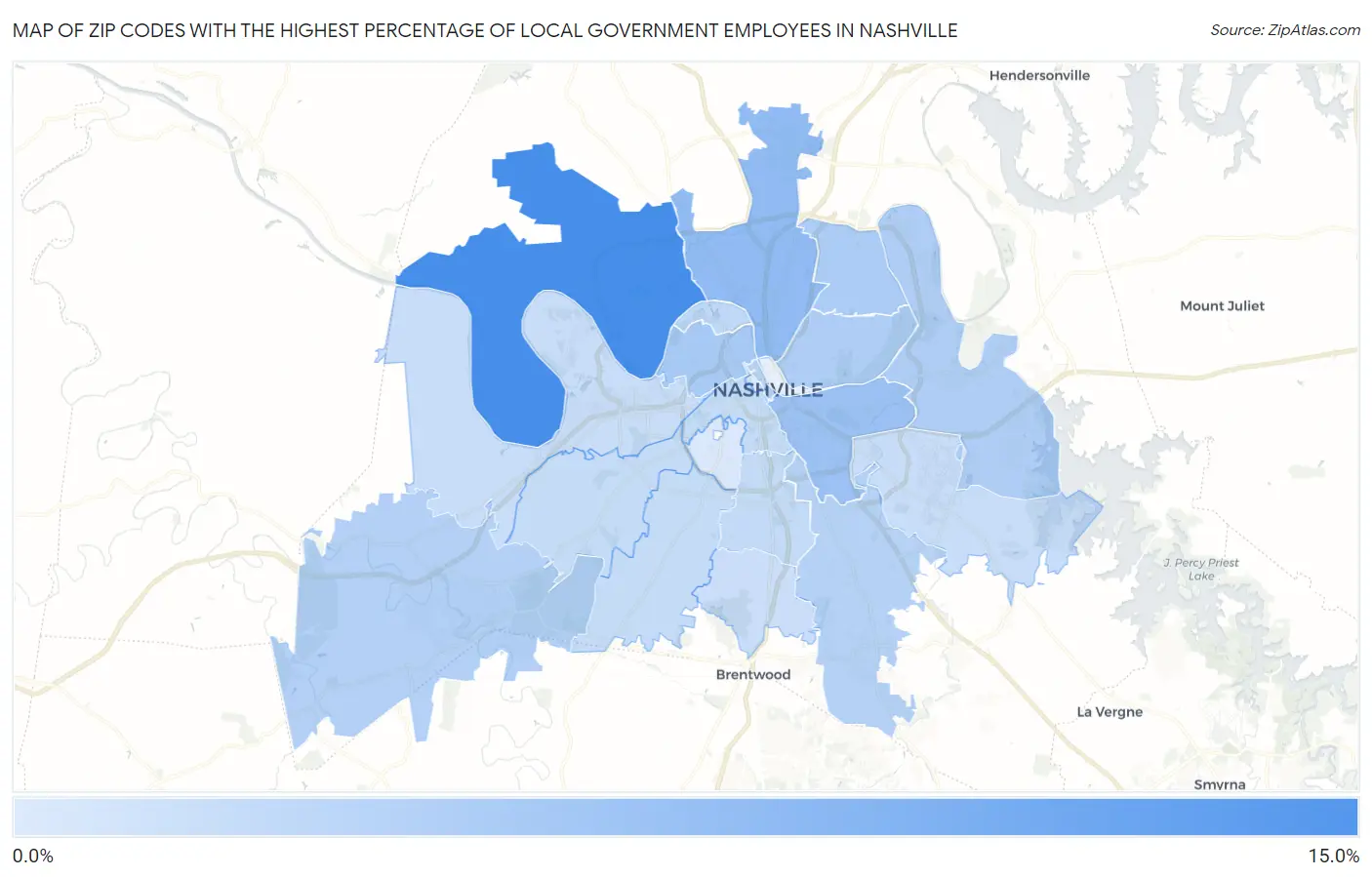 Zip Codes with the Highest Percentage of Local Government Employees in Nashville Map