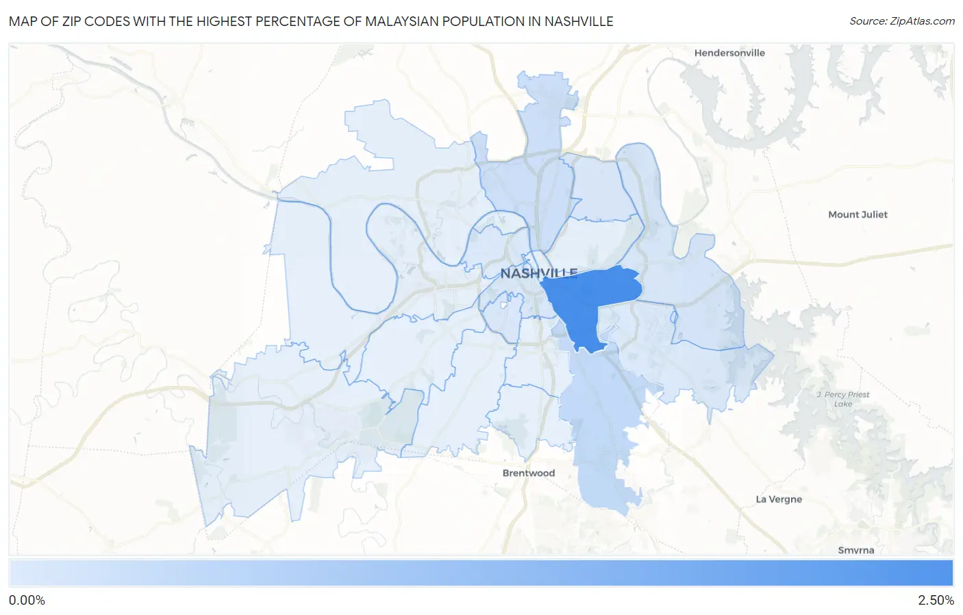Zip Codes with the Highest Percentage of Malaysian Population in Nashville Map