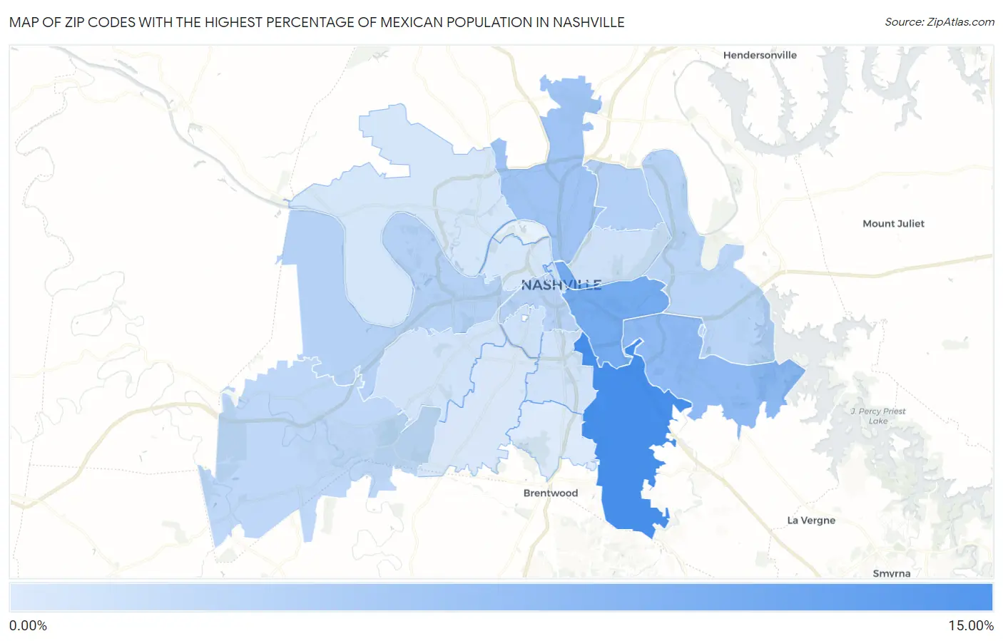 Zip Codes with the Highest Percentage of Mexican Population in Nashville Map