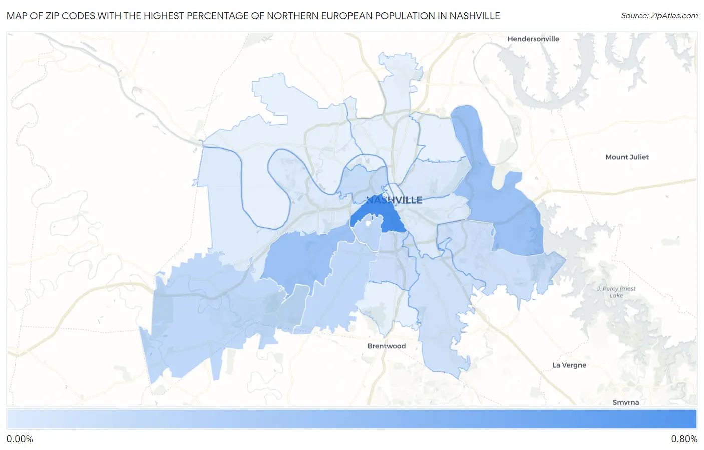Zip Codes with the Highest Percentage of Northern European Population in Nashville Map