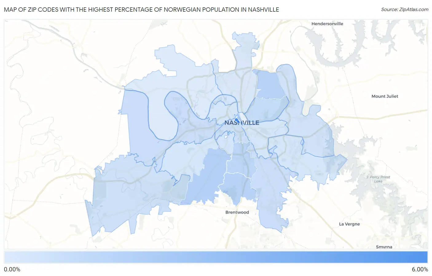 Zip Codes with the Highest Percentage of Norwegian Population in Nashville Map