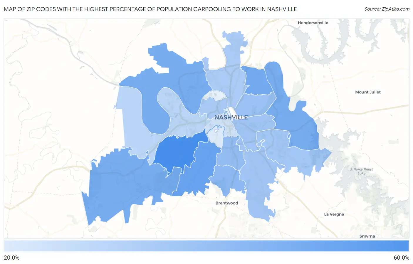 Zip Codes with the Highest Percentage of Population Carpooling to Work in Nashville Map