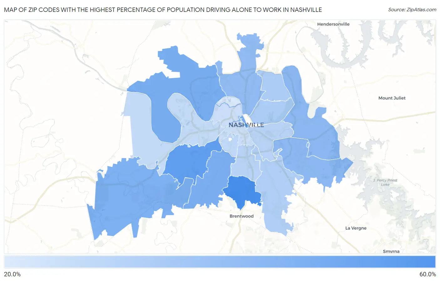 Zip Codes with the Highest Percentage of Population Driving Alone to Work in Nashville Map