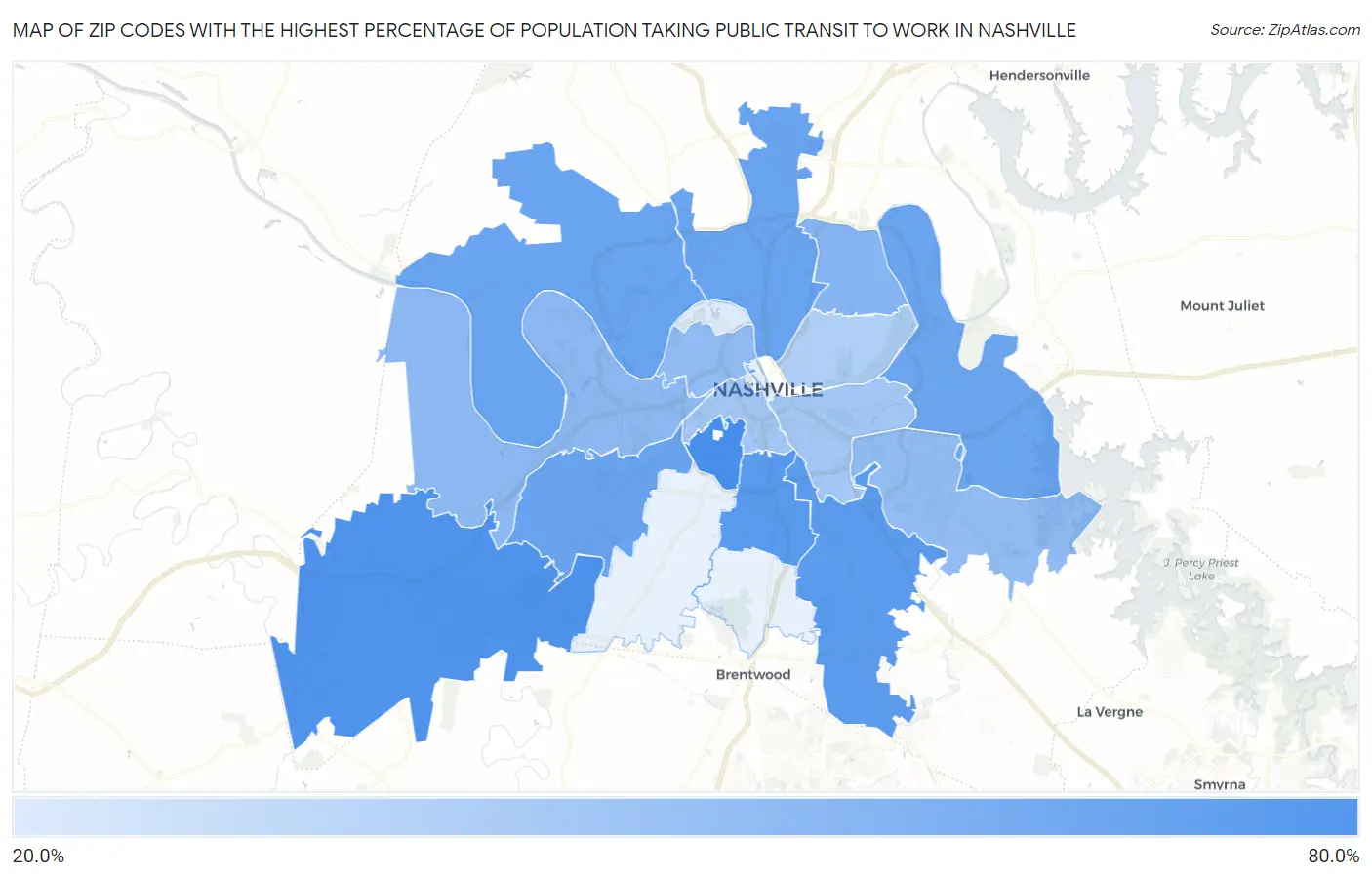 Zip Codes with the Highest Percentage of Population Taking Public Transit to Work in Nashville Map