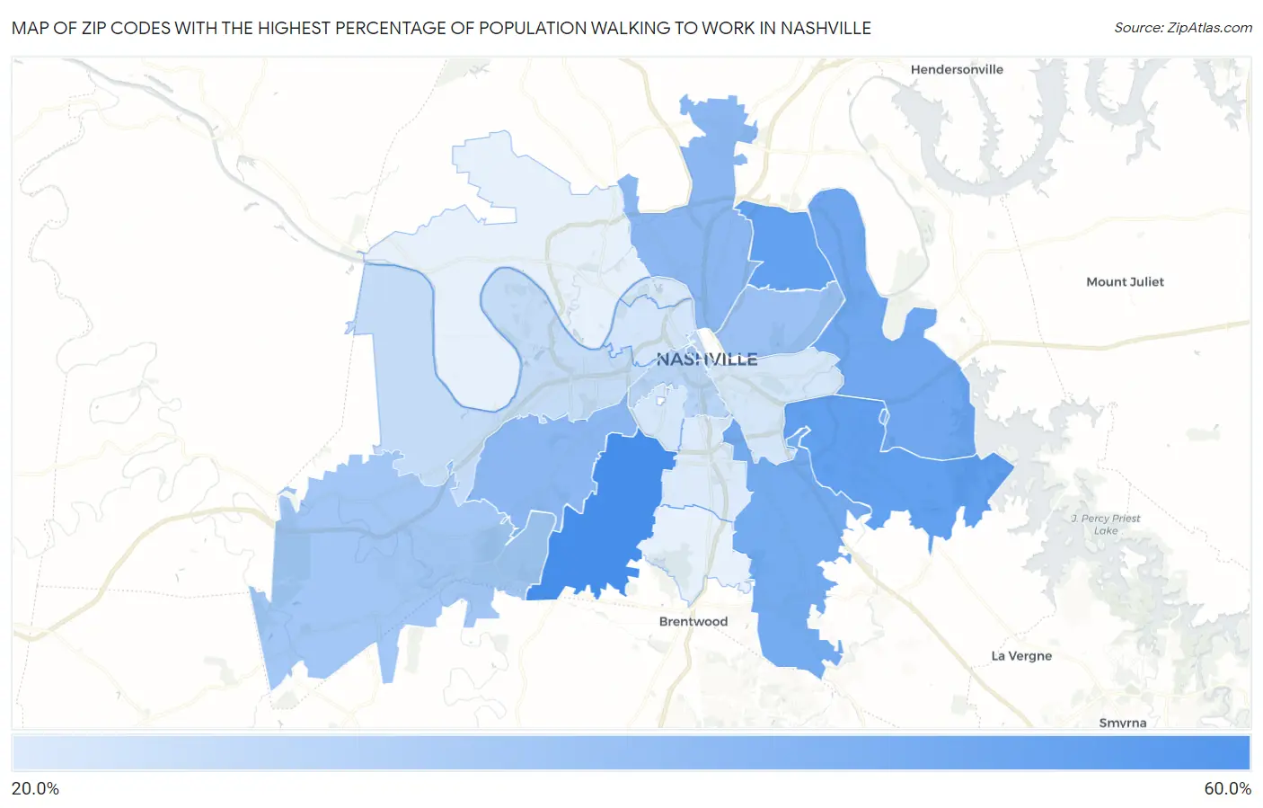 Zip Codes with the Highest Percentage of Population Walking to Work in Nashville Map