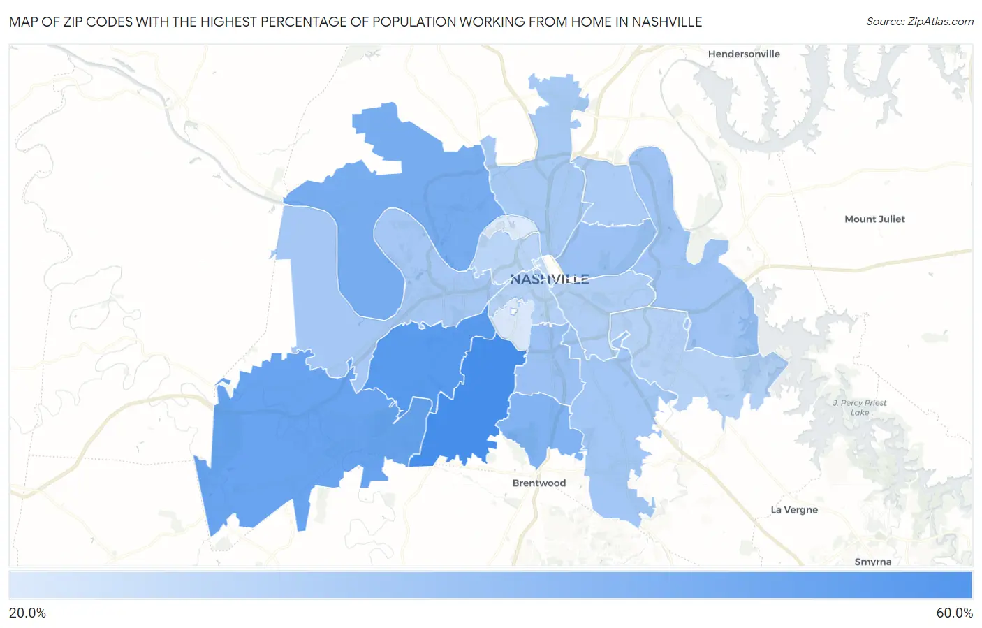 Zip Codes with the Highest Percentage of Population Working from Home in Nashville Map