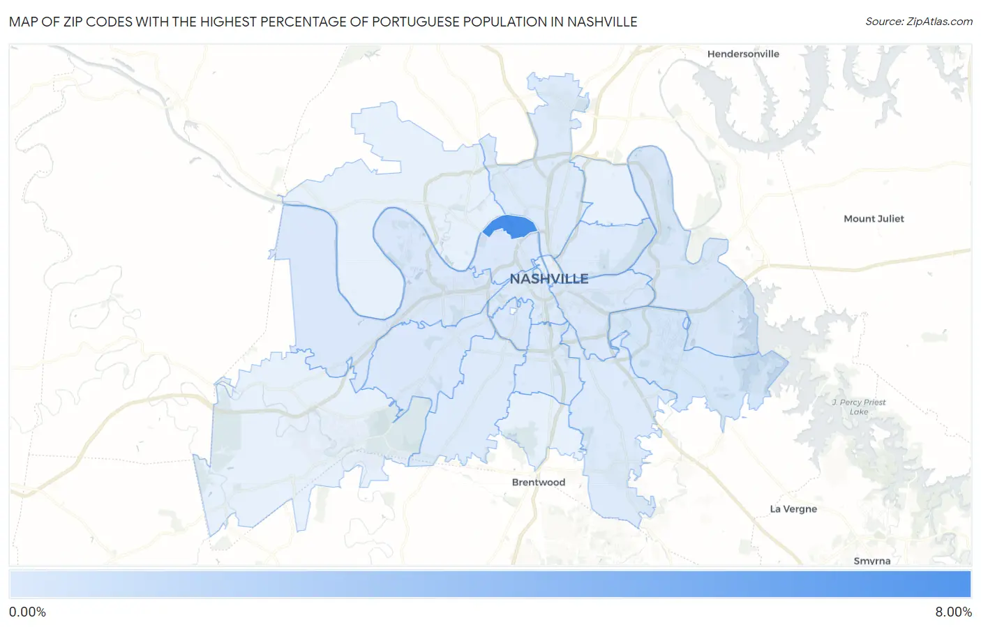 Zip Codes with the Highest Percentage of Portuguese Population in Nashville Map