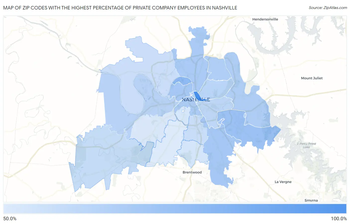 Zip Codes with the Highest Percentage of Private Company Employees in Nashville Map