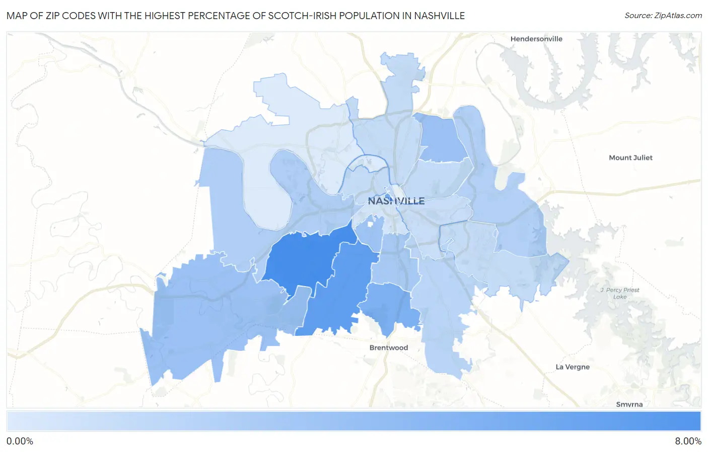 Zip Codes with the Highest Percentage of Scotch-Irish Population in Nashville Map