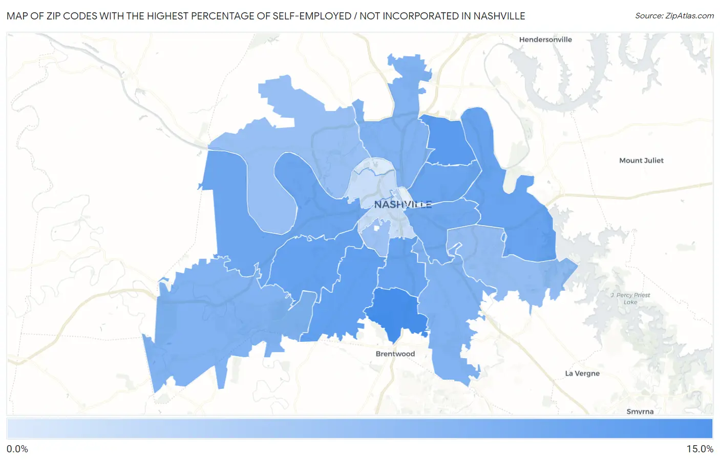 Zip Codes with the Highest Percentage of Self-Employed / Not Incorporated in Nashville Map
