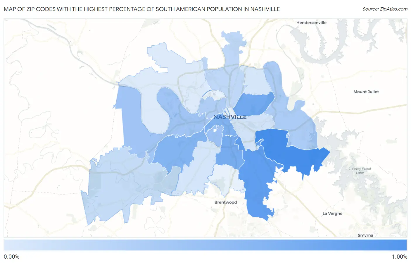 Zip Codes with the Highest Percentage of South American Population in Nashville Map