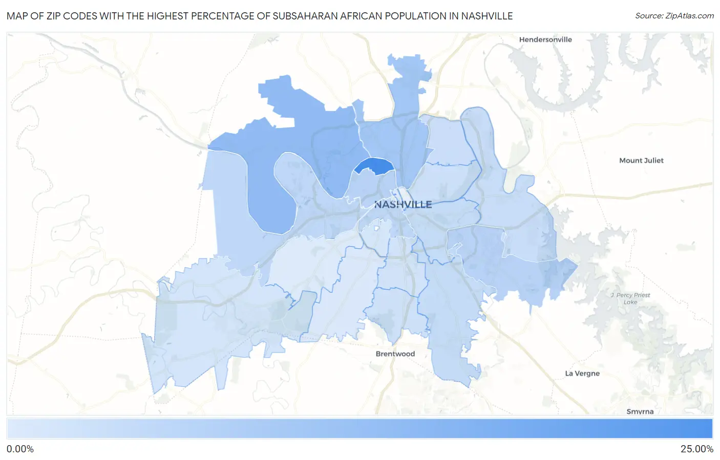 Zip Codes with the Highest Percentage of Subsaharan African Population in Nashville Map