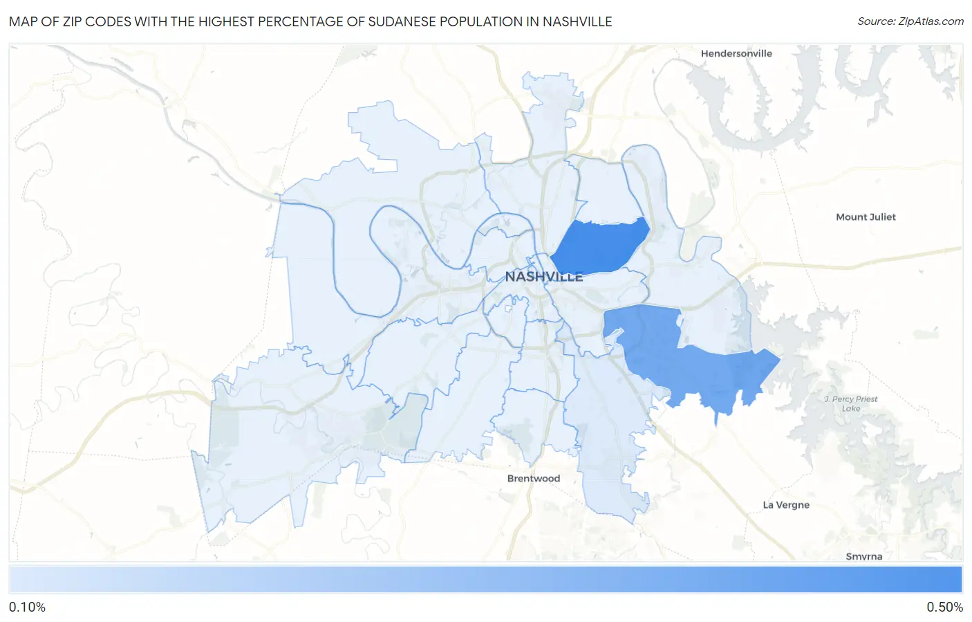Zip Codes with the Highest Percentage of Sudanese Population in Nashville Map