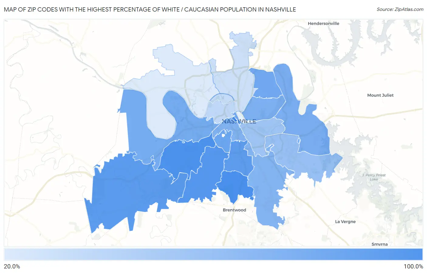 Zip Codes with the Highest Percentage of White / Caucasian Population in Nashville Map