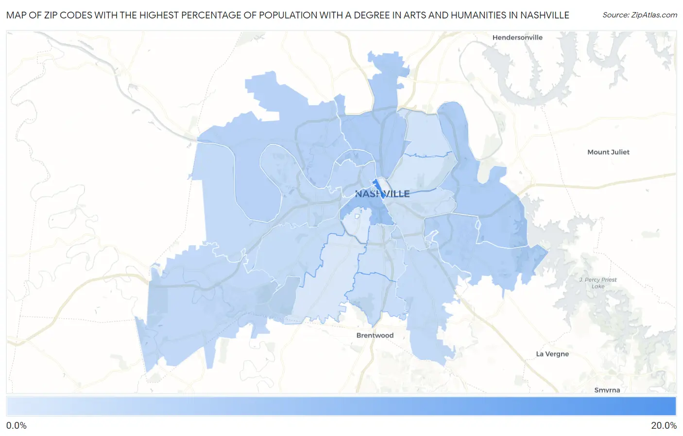Zip Codes with the Highest Percentage of Population with a Degree in Arts and Humanities in Nashville Map