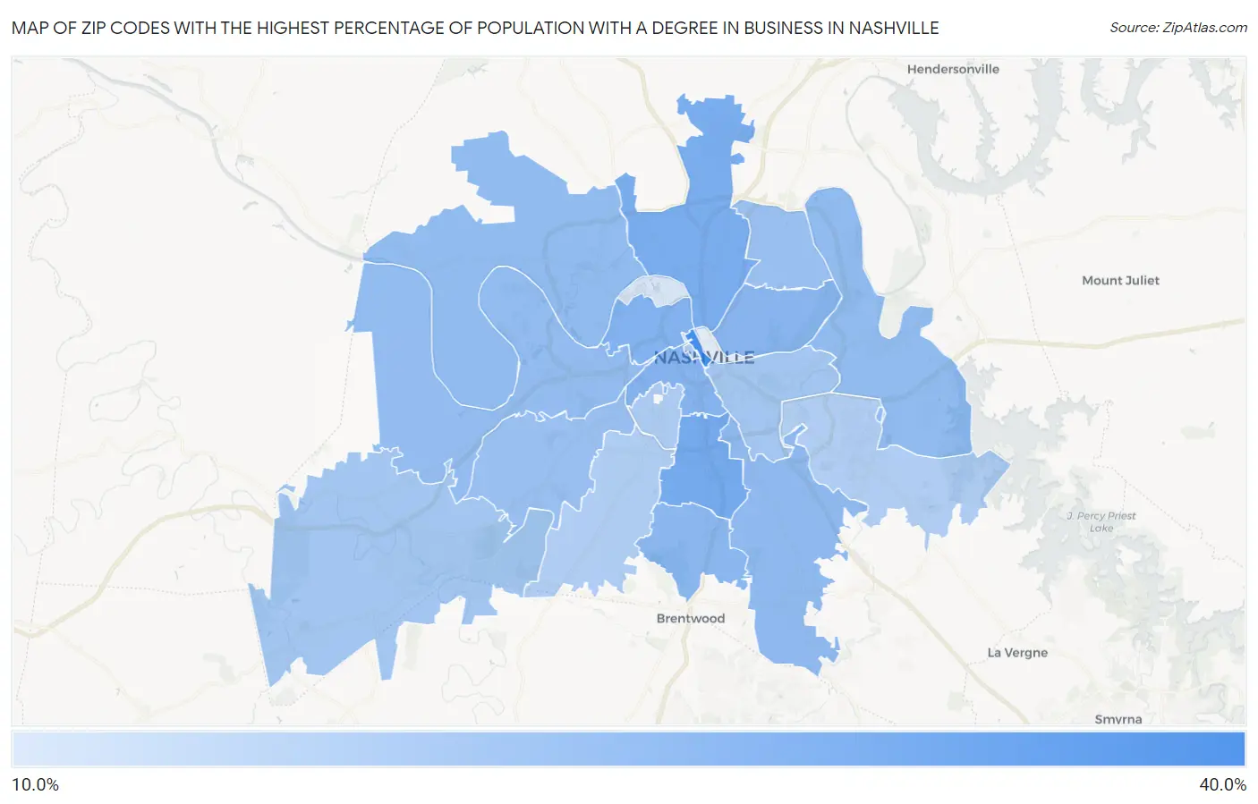 Zip Codes with the Highest Percentage of Population with a Degree in Business in Nashville Map