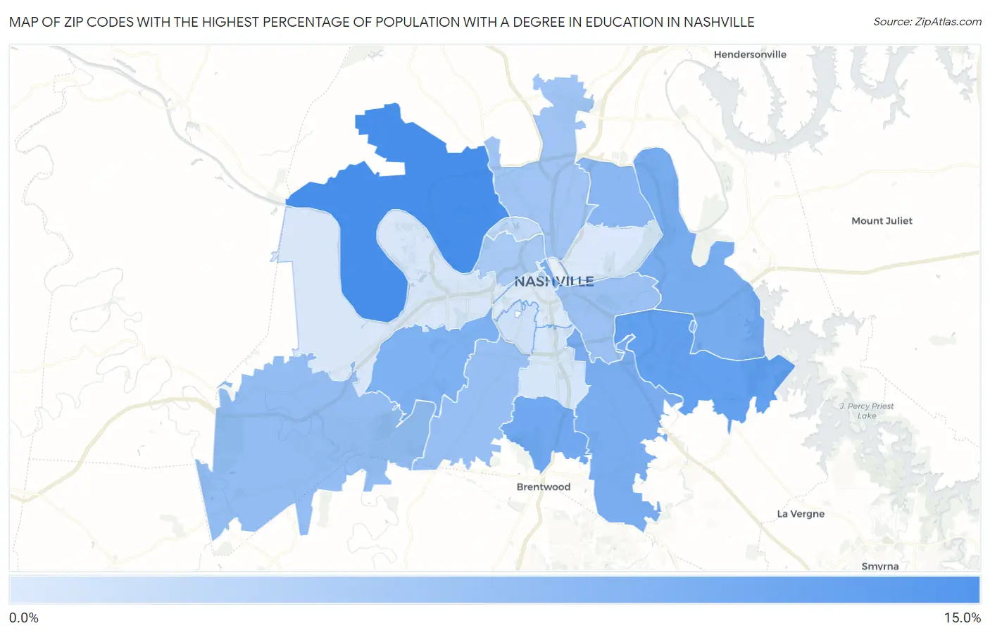 Zip Codes with the Highest Percentage of Population with a Degree in Education in Nashville Map
