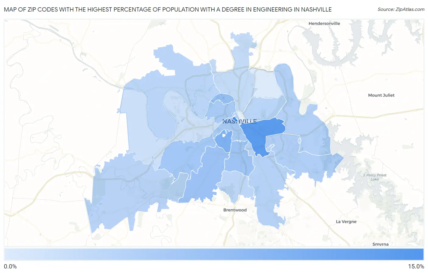 Zip Codes with the Highest Percentage of Population with a Degree in Engineering in Nashville Map