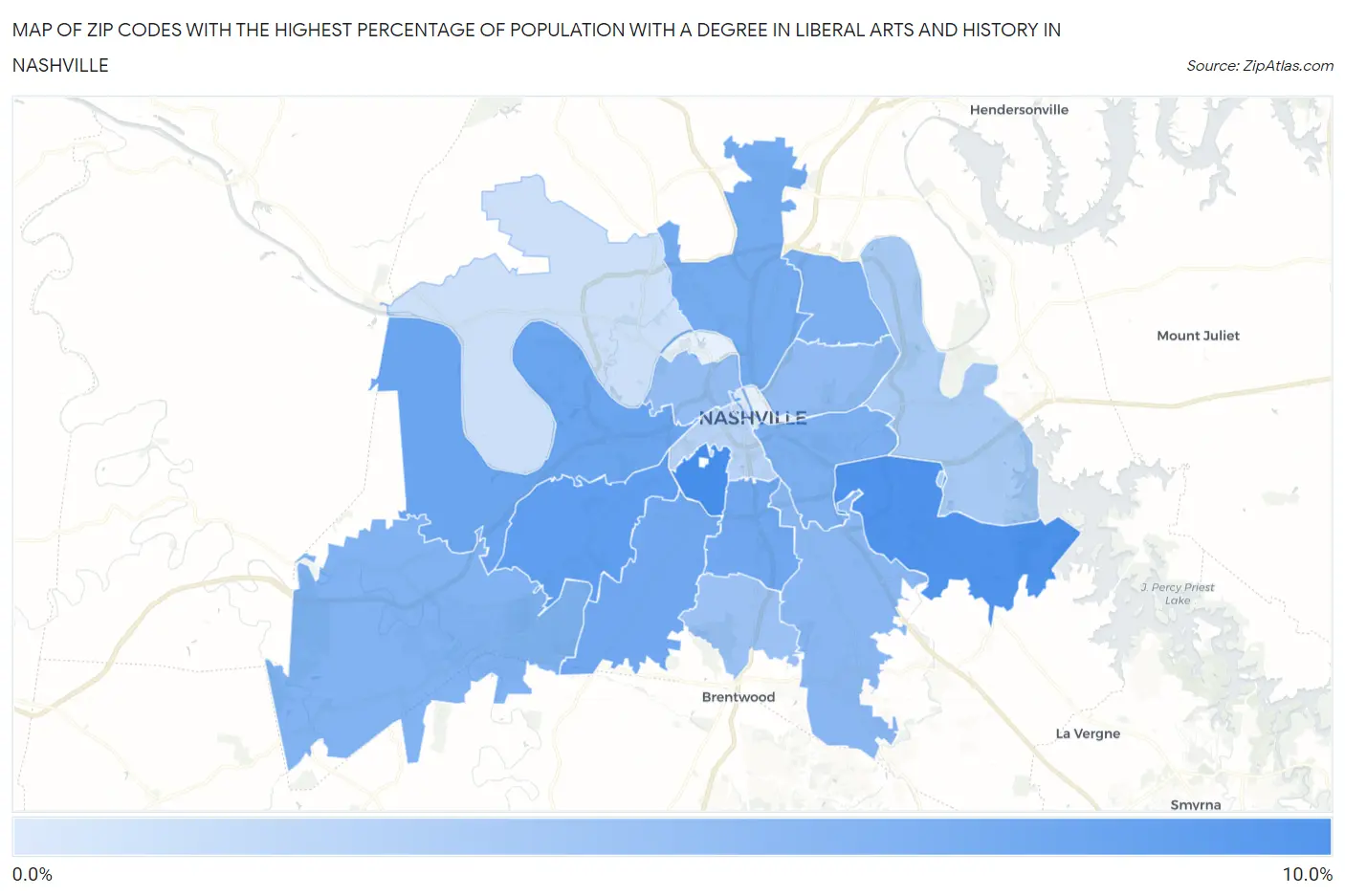Zip Codes with the Highest Percentage of Population with a Degree in Liberal Arts and History in Nashville Map